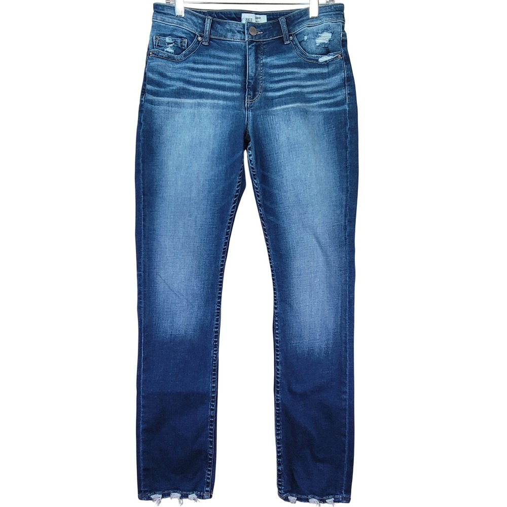 BKE Gabby Straight Leg Jeans Women 31x31.5 Blue EUC Curvy High Rise Distressed